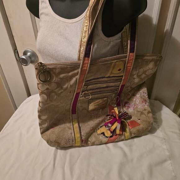 Coach Bag,  15L x 14H x 4W, Tan color, with pinks, yellows, orange, gold - Picture 1 of 4